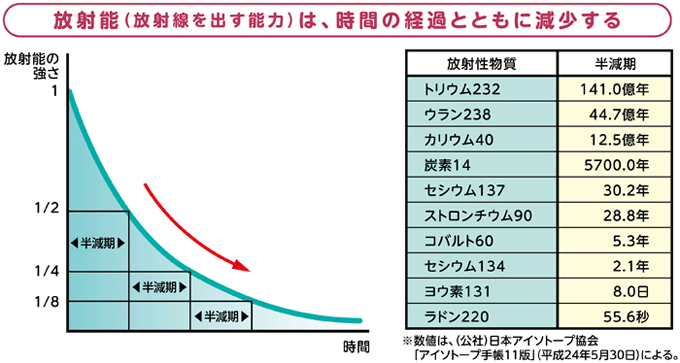 放射能（放射線を出す能力）は、時間の経過とともに減少する