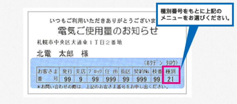 「電気ご使用量のお知らせ」記載の種別番号をもとに上記のメニューをお選びください。